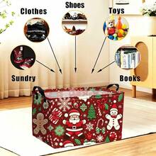 1pc Red Background Christmas Santa & Gingerbread Man Print Foldable Rectangular Fabric Storage Basket With Handles, Clothes Organizer - Multicolor - View 4