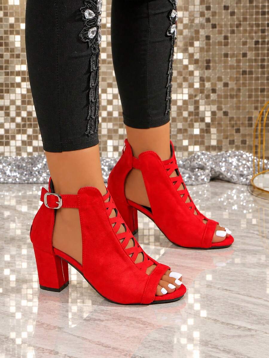 Women's Thick Heel Peep Toe High Heel Sandals, Plus Size Hollow Out Roman Style Fashion Casual High Top Sandals - Red - View 1