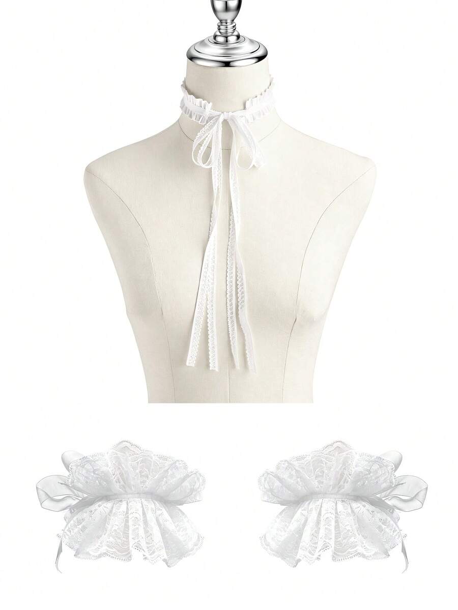 1/2/3Pcs Vintage Lace Ruffled Multi‑Layer Detachable Collar, White Victorian Edwardian White Costume Collar Necklace Bracelet For Wedding Bridal - White - View 1