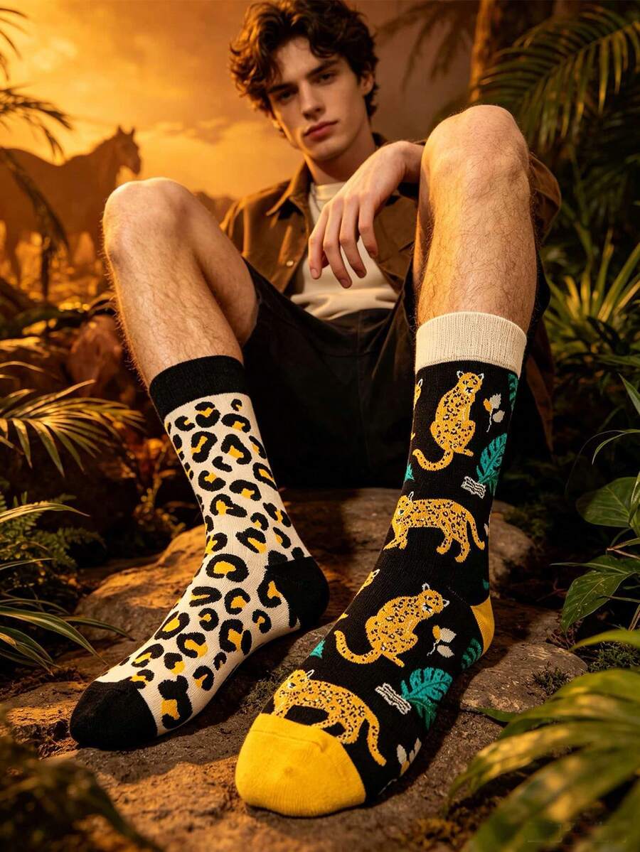 1/3 Pairs Personalized Leopard Print Cheetah Pattern Mid-Calf Men's Socks, Street Style, Suitable For All Seasons. - Multicolor - View 1