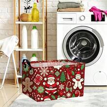 1pc Red Background Christmas Santa & Gingerbread Man Print Foldable Rectangular Fabric Storage Basket With Handles, Clothes Organizer - Multicolor - View 5