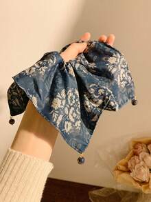 1pc New Chinese Style Navy Blue Square Scarf Scrunchie Hair Tie For Women, Premium Square National Style Hair Accessory For Low Ponytail - Multicolor - View 5