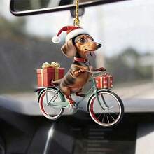 2pcs 2D Acrylic Flat Creative Cute Dachshund Riding Bicycle Delivering Christmas Gift Pattern Car Rearview Mirror Hanging Ornament/Christmas Tree Decoration/Christmas Gift/Couple Keychain Pendant/Backpack Charm - Cycling Puppy Charm - View 6