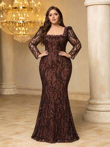 UNITHORSE[Random Cut]Square Neck Long Sleeve Cinched Waist Sequin Evening Dress - Coffee Brown - View 1