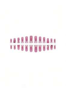 24-Piece Set Of Multi-Colored Handmade Dopamine Nail Art Sets, In 3D Y2K Duckbill Style; Reusable Fake Nails With Sparkling Colored French Tips. - Pink - View 11