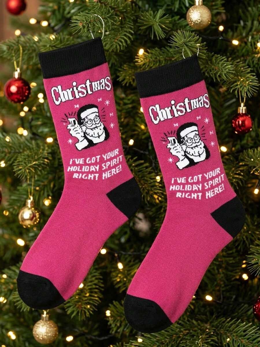 1 Pair Men's Funny Santa Claus Christmas Mid-Calf Socks, Rose Red Base With Black & White Cartoon Character And English Slogan, Black Cuff, Heel And Toe Contrast Design, Unisex Soft Thick Breathable Casual Socks For Autumn/Winter, Daily Wear, Home Lounging, Christmas Theme Party, Holiday Outfit, Creative Personalized Christmas Gift For Boyfriend/Girlfriend - Multicolor - View 1