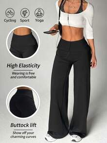 Women's Autumn/Winter Solid Color Butt-Lifting High-Waist Wide Leg Pants, New High-Waist Loose Straight Leg Slimming Casual Sports Pants, Designed Long Pants, Suitable For Fitness, Sports, Outdoor, Pilates, Yoga, Halloween Outfit, Airport Outfit, Autumn/Winter Long Pants, New York Fashion Week, Best Seller - Black - View 2