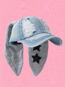 Popjeli 1pc Baseball Cap, Women's Fashion Rabbit Ear Decor Hat, Vintage Washed Distressed Snapback - Multicolor - View 2
