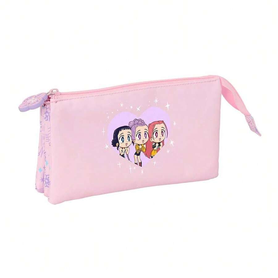 Safta KPop Demon Hunters K-Pop Demon Hunters Chibi Triple Pencil Case, School Pencil Case With 3 Independent Compartments And Zippers, Side Handle, Back To School - Triple 22 cm Organizer - View 1