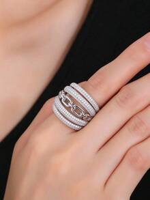 1 chiếc nhẫn cỡ lớn bằng đồng, đính zirconia thủ công, phong cách thời trang phù hợp cho phụ nữ đeo hàng ngày và dịp lễ, làm quà tặng - Bạc - Xem 3