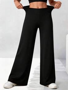Pantalones de cintura alta con pierna recta acampanada de unicolor - Negro - Ver 4