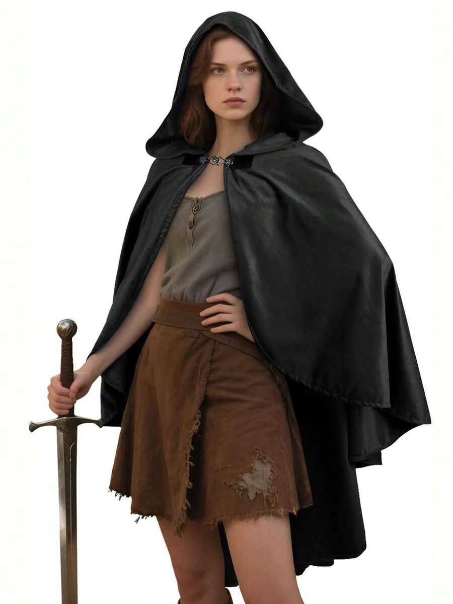 1pc Medieval Renaissance Style Hooded Cloak, Faux Velvet Polyester Outerwear, Suitable For Halloween, Christmas, Easter Cosplay Costumes - Unisex Machine Washable Historical Gear Accessory - Multicolor - View 1