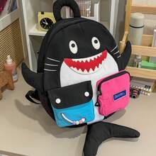 Tas Ransel Dopamine Baru dengan Motif Hiu Kartun Lucu yang Kontras, Modis dan Serbaguna, Tas Perjalanan Kasual dengan Kapasitas Besar dan Banyak Kantong - Hitam - View 1