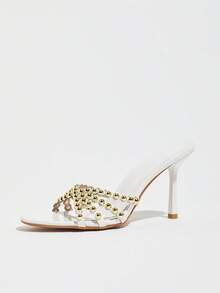 Women's Thin High Heel Sandals, Fashionable Minimalist Metal Rivet Round Toe Open Toe Spring/Summer New Style Elegant High Heels, White High Heels, Suitable For Weddings, Evening Parties, Dates, Vacations And Other Occasions - White - View 7