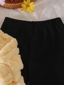 2pcs/Set Young Girl Cute Sweet Style Yellow Plush Hooded Sweatshirt And Black & Yellow Colorblock Pants Set, Autumn/Winter - Yellow - View 8