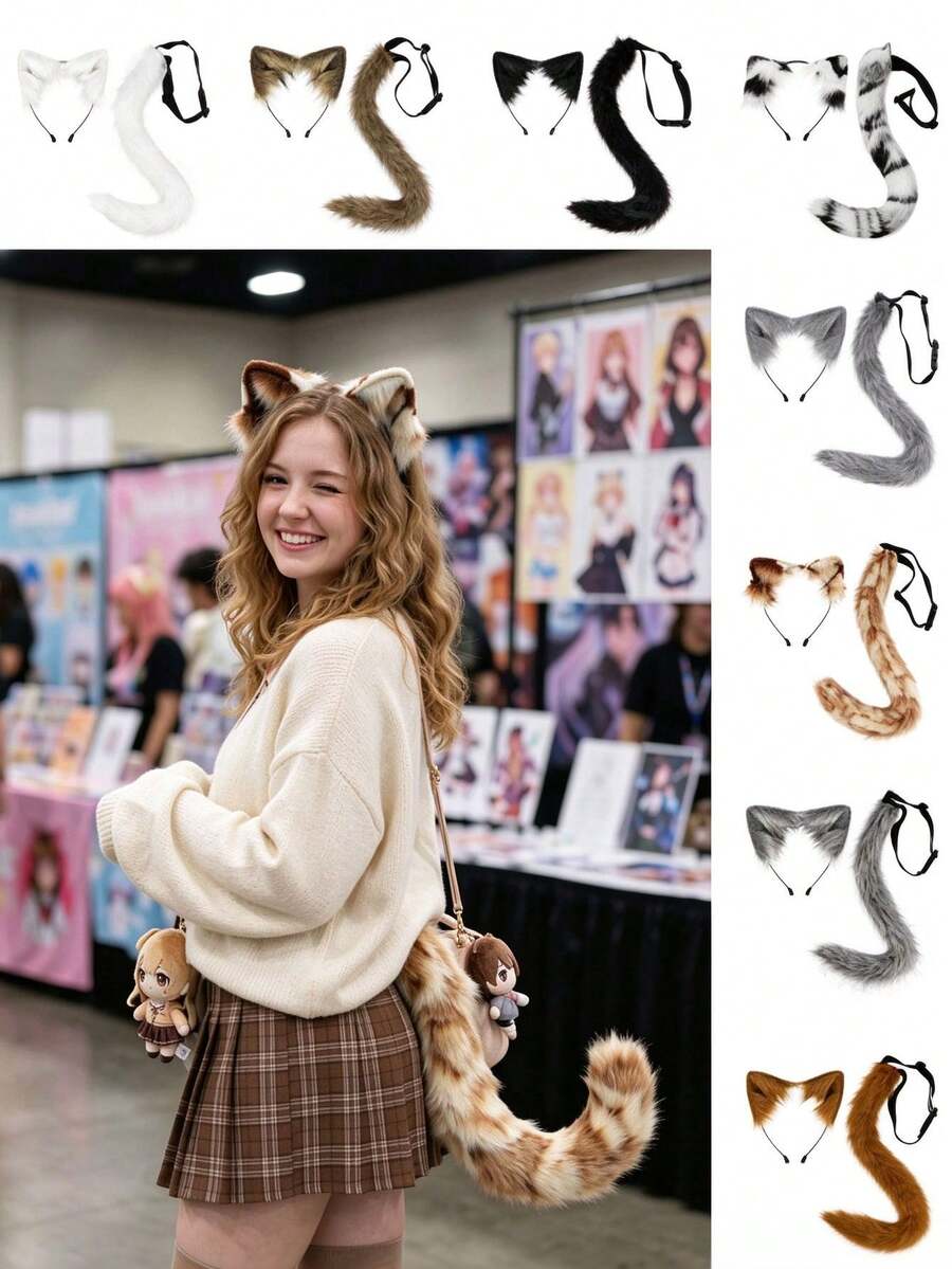 Plush Cat Costume Set Two Pieces Multi-Color Optional Dress-Up Props Cat Headband Party Stage Halloween Costume - Set - View 1
