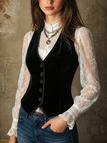 Women's Vintage Royal Style Layered Velvet Vest, V-Neck Single-Breasted Slim Fit Waistcoat Top - Black - View 4