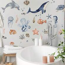 1Set Watercolor Ocean Animals Wall Stickers Marine Life Dolphin Whale ...