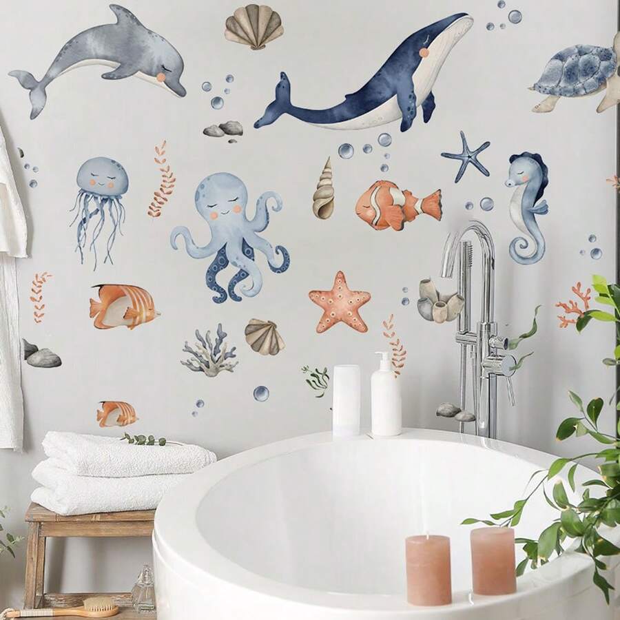 1Set Watercolor Ocean Animals Wall Stickers Marine Life Dolphin Whale ...