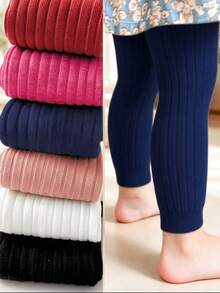 1pc Kids Fashion Autumn/Winter Warm Fitted Leggings, Knitted Fabric Solid Color Ribbed Nine-Length Dance Practice Tights, Suitable For Girls And Babies, Essential For Autumn/Winter Halloween And Christmas Outfits - Navy Blue - View 2