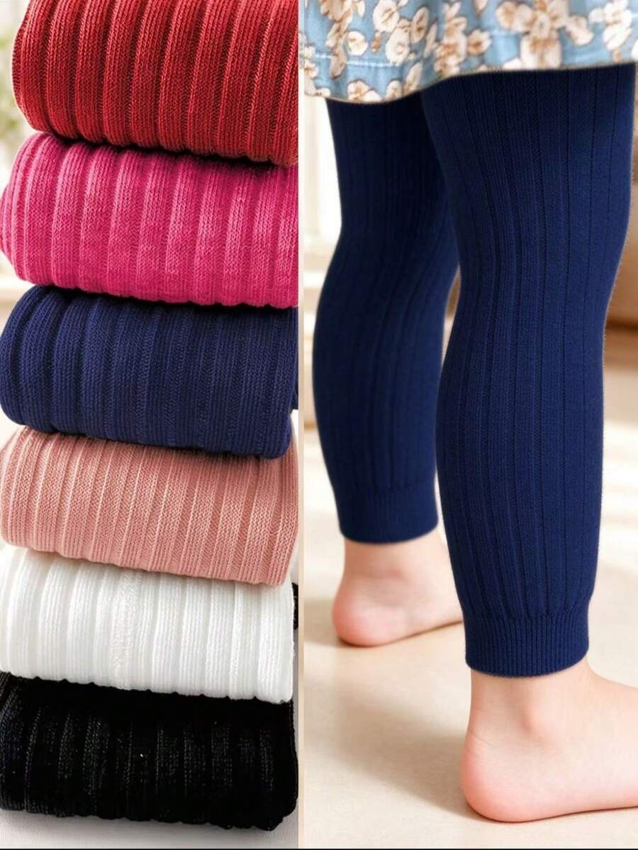 1pc Kids Fashion Autumn/Winter Warm Fitted Leggings, Knitted Fabric Solid Color Ribbed Nine-Length Dance Practice Tights, Suitable For Girls And Babies, Essential For Autumn/Winter Halloween And Christmas Outfits