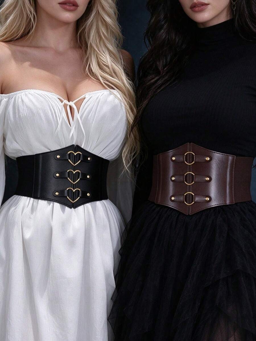 2pcs Women's Fashion PU Leather Elastic Waist Belt With Ring Decor, Versatile For Halloween And Renaissance Outfit Styling - Black Coffee Brown - View 1