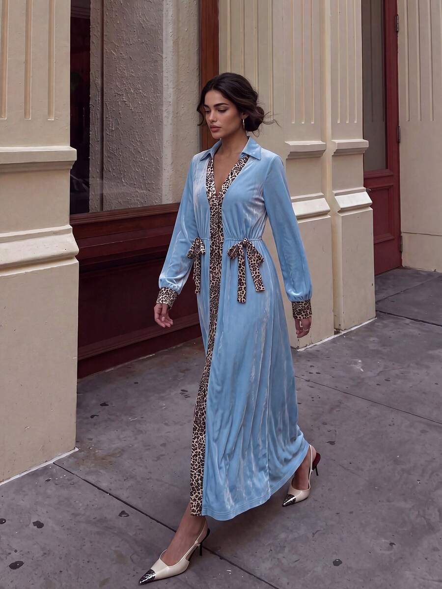 2026 Autumn/Winter Women's Elegant Versatile Colorblock Leopard Print Long Sleeve Dress, Suitable For Daily Commute, Outings, Shopping, Dates, Back To School Season And More. - Baby Blue - View 1