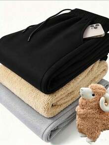 Men's Winter Warm Jogging Sweatpants, Full Fleece Lining, Elastic Drawstring Waist, Ribbed Cuffs - Black - View 3