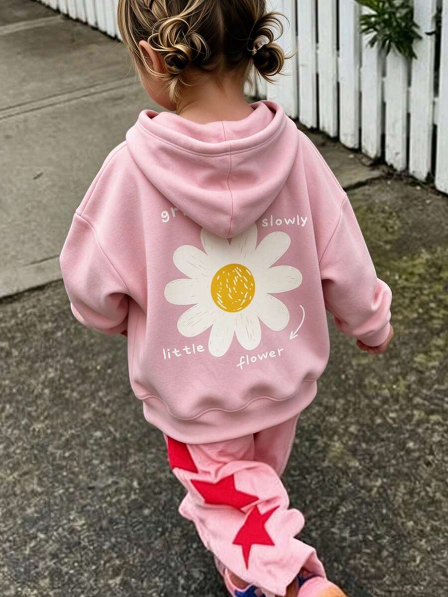 Baby Girl Daisy & Letter Print Hooded Sweatshirt, Soft Casual Long Sleeve Pullover Sweatshirt - Pink - View 1