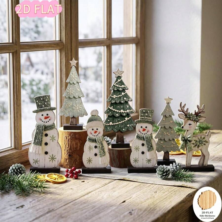 7pcs Wooden Snowman Tree Deer Desktop Decor Set, Sage Green, Rustic Christmas Tiered Display, Home Bedroom Entryway Bookshelf Holiday Party Scene Decoration - Holiday Decoration - View 1