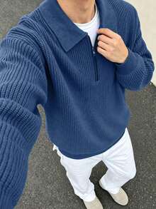 1pc Teen Boy's Solid Klein Blue Simple Casual Versatile Commute Sweater, Autumn/Winter - Blue - View 4