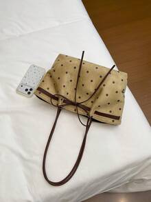 Polka Dot Bow Decor Suede Tote Bag, Large Capacity Daily Commute Shoulder Bag - Khaki - View 5