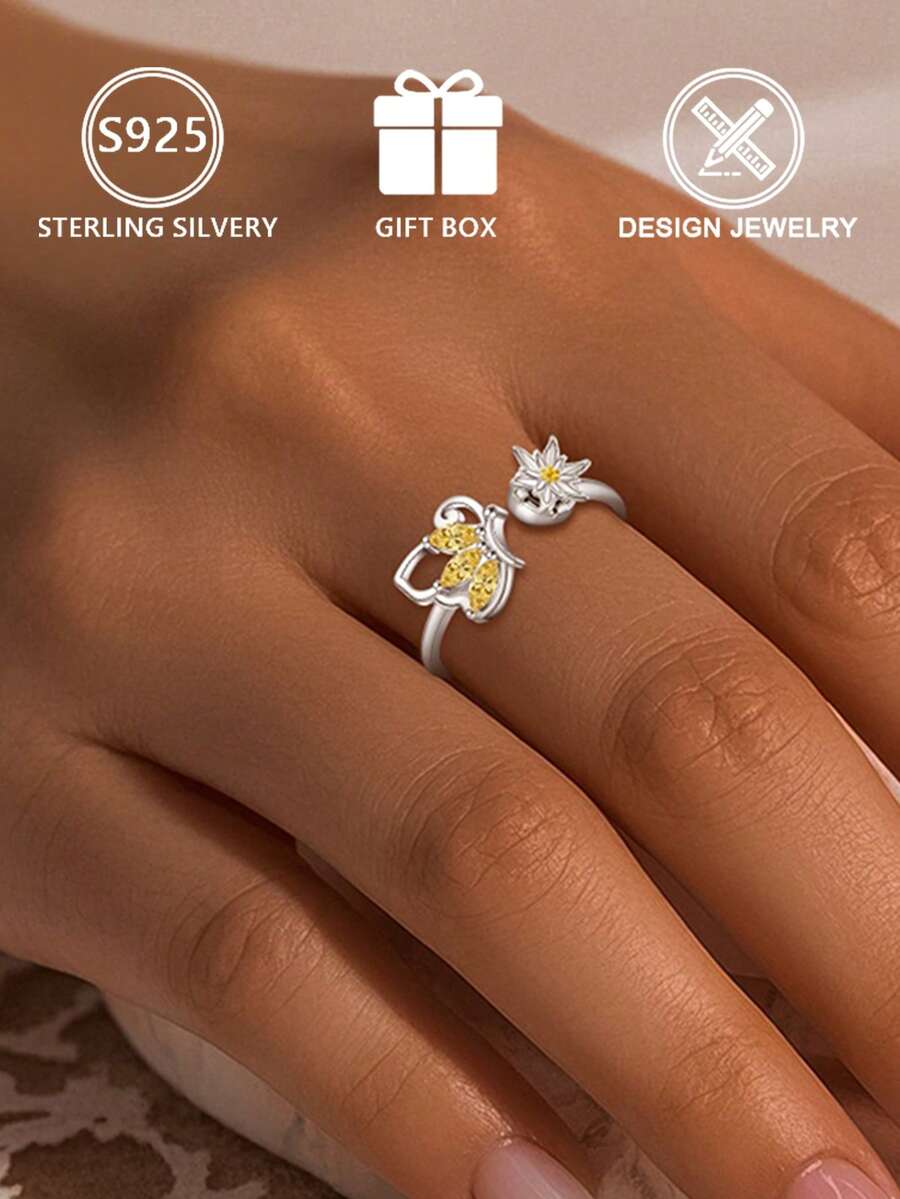 S925 Sterling Silver Bee And Flower Rotating Ring, Featuring Yellow Cubic Zirconia Design. This Open Ring Has A Rotating Design With Insect And Daisy Motifs - Silver - View 1