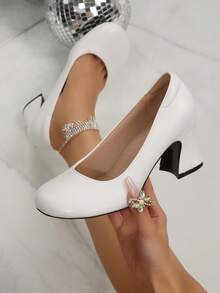 Women's Elegant Square Toe Chunky Heel High Heels, White Classic Style, Slip-On Dress Shoes, Suitable For Weddings, Banquets, Parties - White - View 3
