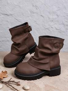 New Beige Ruched Pleated Girls' Boots, Round Toe Soft PU Fabric With Metal Buckle Decor, Vintage Mid-Calf Slip-On Wear-Resistant Non-Slip Height-Increasing Boots For Kids, Autumn/Winter Daily School Outdoor Versatile - Brown - View 1