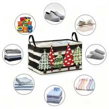 1pc Black White Stripe Christmas Tree Print Foldable Rectangular Fabric Storage Basket With Handles, Clothes Organizer - Multicolor - View 3