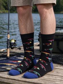 1/3/5 Pairs Men's Fish Hook & Bait Pattern Mid-Calf Socks, Soft Seamless Sports Socks, Suitable For Autumn/Winter, Ideal Gift For Fishing Enthusiasts, Boyfriend, Father - Multicolor - View 3
