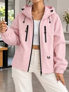 Women Pink Hooded Outdoor Jacket Zipper Pockets Full Zip Adjustable Cuffs Drawstring Hood Casual Hiking Coat - Pink - View 6