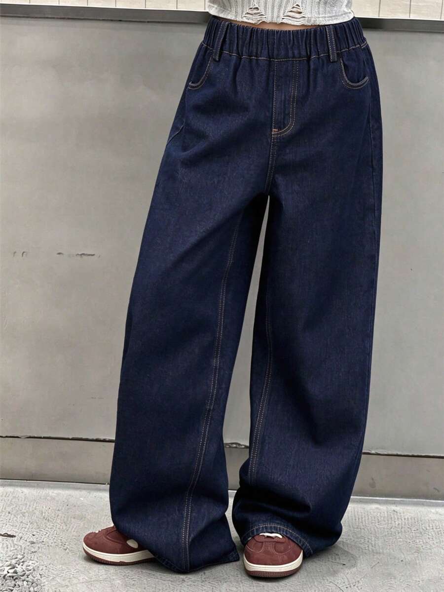 Tween Girl Elastic Waist Pocket Casual Loose Straight Leg Denim Jeans - Blue - View 1