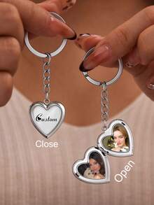 Customized Photo Personalized Heart-Shaped Pendant Keychain, Customizable Engraving And Photo, Openable Heart-Shaped Key Ring, Photo Frame Bag Charm, Valentine's Day, Birthday, Anniversary, Couple, Family, Pet Memorial Gift - Multicolor - View 10