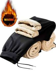 Men's Winter Warm Jogging Sweatpants, Full Fleece Lining, Elastic Drawstring Waist, Ribbed Cuffs - Black - View 2