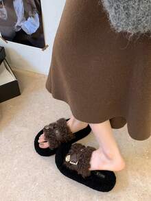女款新款冬季厚底毛絨拖鞋，戶外穿著，秋季新款仙女風鬆弛增高室內居家拖鞋，春秋辦公拖鞋 - 咖啡棕 - 查看 3