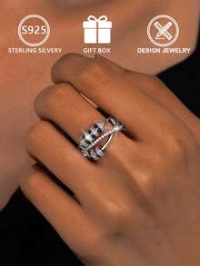 1 buah Cincin Perak Sterling 925 Elegan Mewah Minimalis, Bertatahkan Zirkonia Kubik, Desain Geometris, Dapat Diatur Ukurannya - Perak - View 7