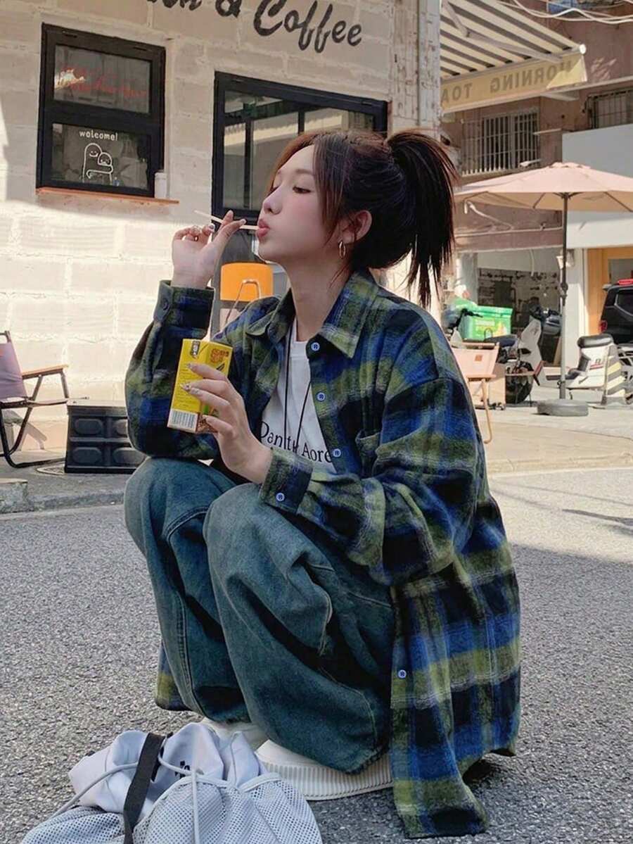 Women's Plaid Long Sleeve Shirt, Early Autumn Outerwear, Slouchy Top - Blue-green - View 1