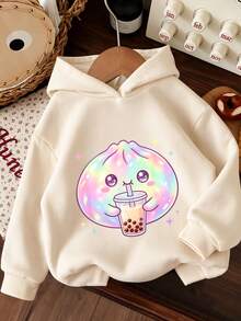 1 chiếc áo nỉ dài tay lót lông dày ấm họa tiết trà sữa bong bóng cho bé gái tuổi tween, quần áo trẻ em học sinh, phù hợp cho trẻ em mùa thu/đông - Màu be - Xem 1