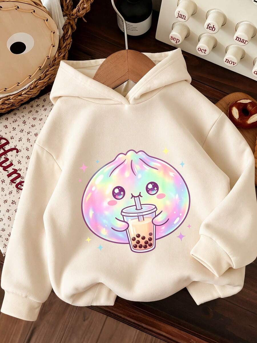 1 chiếc áo nỉ dài tay lót lông dày ấm họa tiết trà sữa bong bóng cho bé gái tuổi tween, quần áo trẻ em học sinh, phù hợp cho trẻ em mùa thu/đông - Màu be - Xem 1
