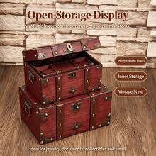 QINBEIYOU 1pc Vintage Wooden Storage Chest With Password Lock, Decorative Treasure Box With Leather Handle & Metal Corner Protector, Desktop Jewelry Document Trinket Organizer, Retro Home Decor Photo Prop - Dark Grey - View 4