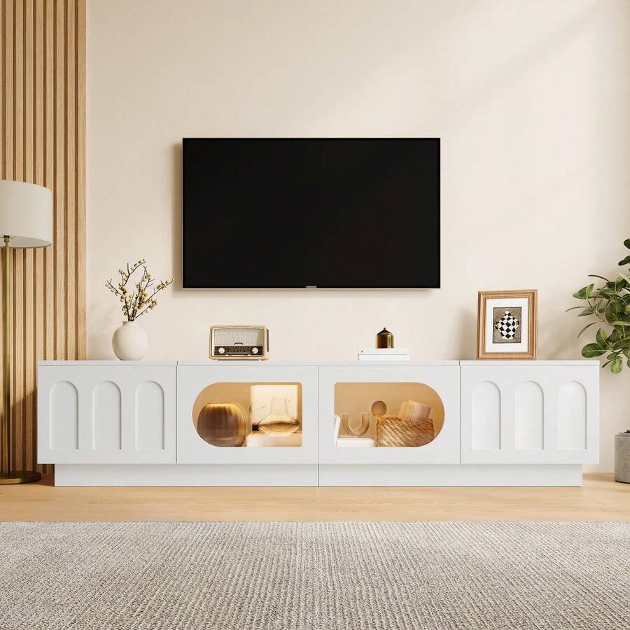 Retro-Style TV Cabinet / TV Stand With Elegant Design / Sturdy Construction, Load Capacity: 60 Kg / With Separate Display Area And Storage Space / Stable And Secure Feet / Suitable For The Living Room - White + MDF + Particle Board - View 1