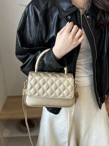 Solid Color Quilted Minimalist Fashion PU Designer Elegant Geometric Pattern Handbag - Gold - View 4