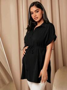 MaterniWear Blusa casual de maternidad de unicolor con mangas de murciélago y cinturón  vestido de trabajo  atuendo de maestra - Burdeos - Ver 4